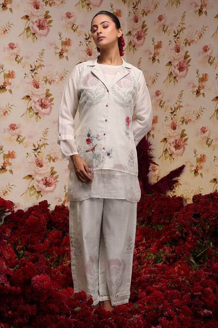 Shop Vrinda By Pundrik Dubey Ivory Chanderi Silk Embroidery Round Neck, Collared Jacket Pant Set Online at Aza Fashions Shop_Vrinda By Pundrik Dubey_Ivory Chanderi Silk Embroidery Round Neck, Collared Jacket Pant Set_Online_at_Aza_Fashions