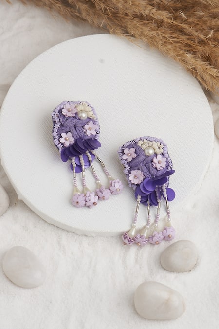 Shop_Torque By Merge_Multi Color Semi Precious Mixed Stones Thread Embroidered Floral Earrings _at_Aza_Fashions