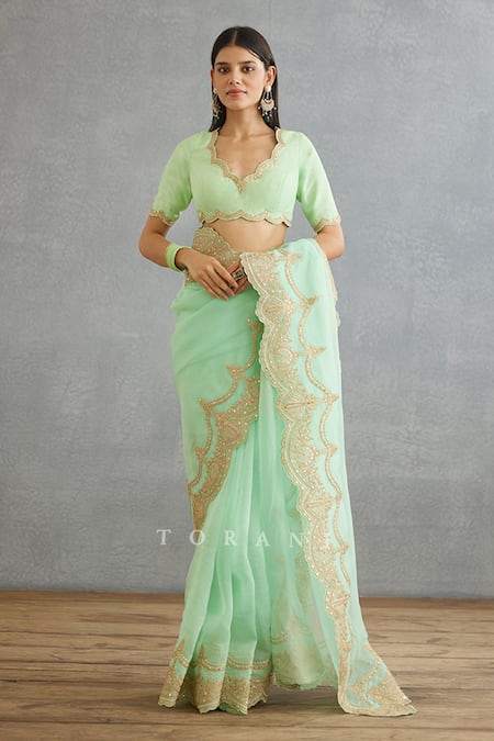 Buy Torani Green Cotton Satin Embroidery V-neck Gul Neer Yuvani Dori Blouse Online at Aza Fashions Buy_Torani_Green Cotton Satin Embroidery V-neck Gul Neer Yuvani Dori Blouse _Online_at_Aza_Fashions