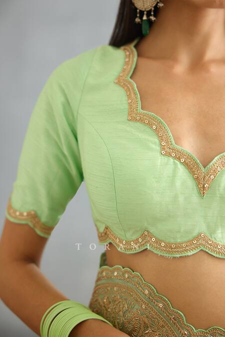 Shop Torani Green Cotton Satin Embroidery V-neck Gul Neer Yuvani Dori Blouse Online at Aza Fashions Shop_Torani_Green Cotton Satin Embroidery V-neck Gul Neer Yuvani Dori Blouse _Online_at_Aza_Fashions