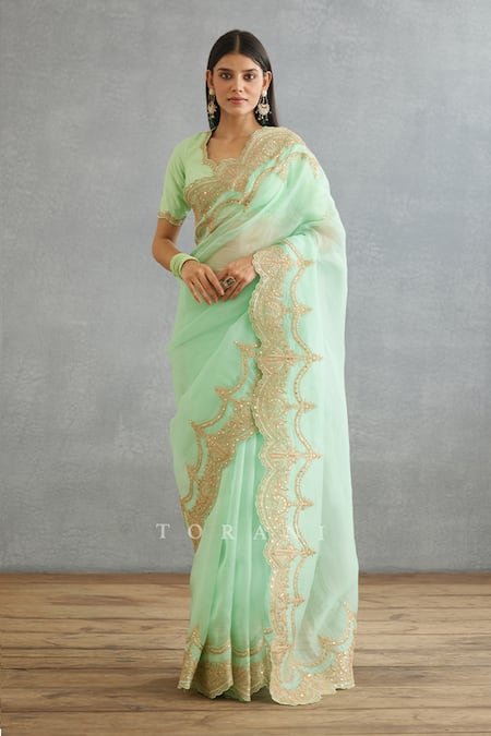 Torani Green Cotton Satin Embroidery V-neck Gul Neer Yuvani Dori Blouse at Aza Fashions Torani_Green Cotton Satin Embroidery V-neck Gul Neer Yuvani Dori Blouse _at_Aza_Fashions