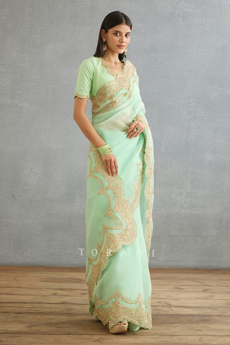 Buy Torani Green Cotton Satin Embroidery V-neck Gul Neer Yuvani Dori Blouse Buy_Torani_Green Cotton Satin Embroidery V-neck Gul Neer Yuvani Dori Blouse