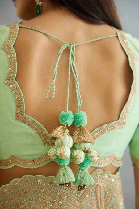 Shop Torani Green Cotton Satin Embroidery V-neck Gul Neer Yuvani Dori Blouse at Aza Fashions Shop_Torani_Green Cotton Satin Embroidery V-neck Gul Neer Yuvani Dori Blouse _at_Aza_Fashions