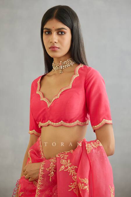 Shop Torani Pink Cotton, Silk Embroidery V-neck Gul Kand Yuvani Adda Blouse Online at Aza Fashions Shop_Torani_Pink Cotton, Silk Embroidery V-neck Gul Kand Yuvani Adda Blouse _Online_at_Aza_Fashions