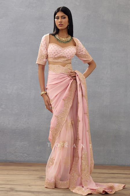 Torani Pink Cotton, Silk Embroidery, Tassels Sweetheart Gul Mohar Jasmeet Dori Blouse Online at Aza Fashions Torani_Pink Cotton, Silk Embroidery, Tassels Sweetheart Gul Mohar Jasmeet Dori Blouse _Online_at_Aza_Fashions