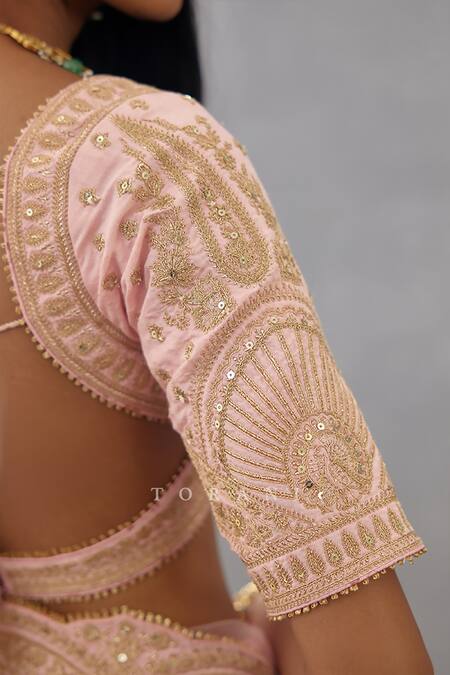 Torani Pink Cotton, Silk Embroidery, Tassels Sweetheart Gul Mohar Jasmeet Dori Blouse at Aza Fashions Torani_Pink Cotton, Silk Embroidery, Tassels Sweetheart Gul Mohar Jasmeet Dori Blouse _at_Aza_Fashions