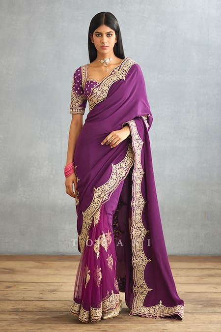 Torani_Purple Cotton, Silk Embroidery Sweetheart Neck Gul Rez Jasmeet Dori Blouse _Online_at_Aza_Fashions