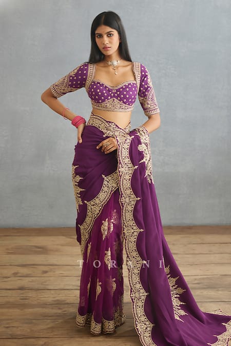Shop_Torani_Purple Cotton, Silk Embroidery Sweetheart Neck Gul Rez Jasmeet Dori Blouse _Online_at_Aza_Fashions