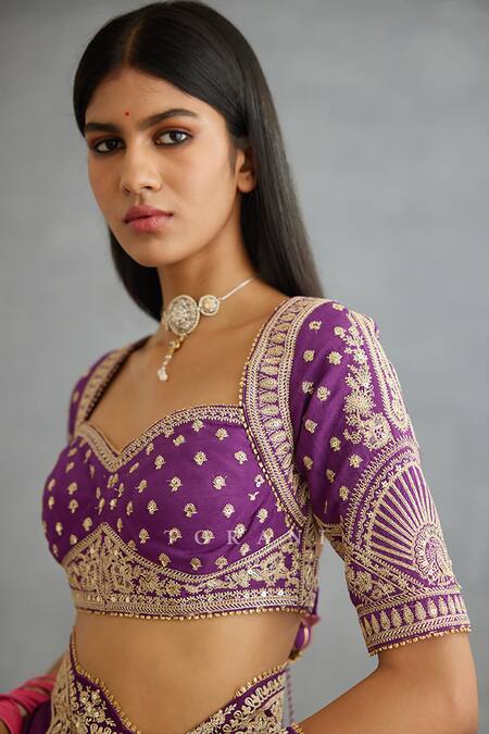 Torani_Purple Cotton, Silk Embroidery Sweetheart Neck Gul Rez Jasmeet Dori Blouse _at_Aza_Fashions