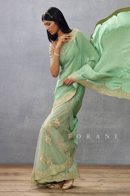 Buy_Torani_Green Silk Crepe Hand Embroidered Dori Gul Neer Yuvani Saree  _Online_at_Aza_Fashions