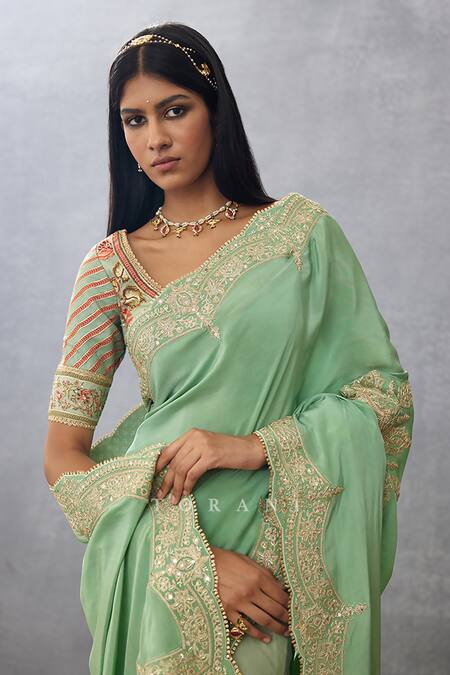 Torani_Green Silk Crepe Hand Embroidered Dori Gul Neer Yuvani Saree  _at_Aza_Fashions