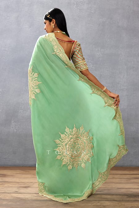 Shop_Torani_Green Silk Crepe Hand Embroidered Dori Gul Neer Yuvani Saree  _at_Aza_Fashions