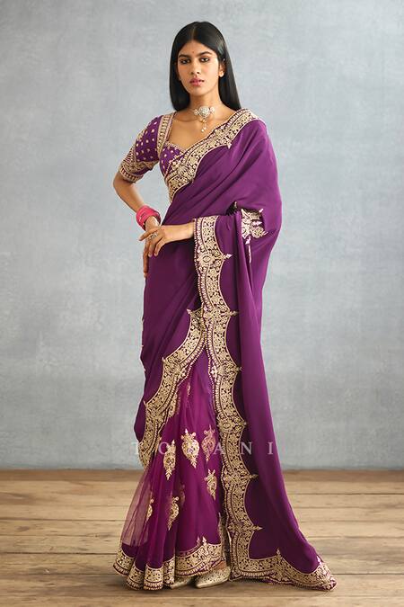 Torani_Purple Silk Crepe Hand Embroidered Dori Gul Rez Yuvani Saree  _Online_at_Aza_Fashions