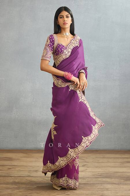 Buy_Torani_Purple Silk Crepe Hand Embroidered Dori Gul Rez Yuvani Saree  _Online_at_Aza_Fashions