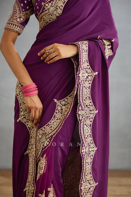 Shop_Torani_Purple Silk Crepe Hand Embroidered Dori Gul Rez Yuvani Saree  _Online_at_Aza_Fashions