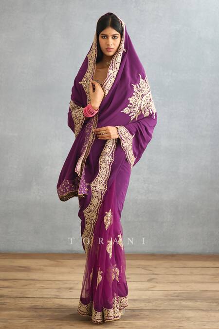 Torani_Purple Silk Crepe Hand Embroidered Dori Gul Rez Yuvani Saree  _at_Aza_Fashions