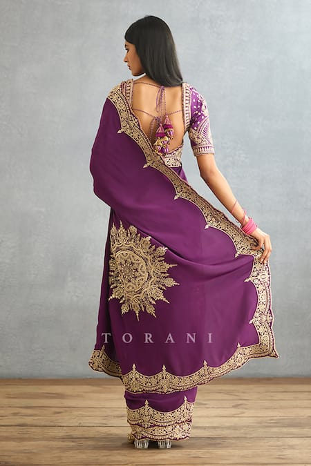 Shop_Torani_Purple Silk Crepe Hand Embroidered Dori Gul Rez Yuvani Saree  _at_Aza_Fashions