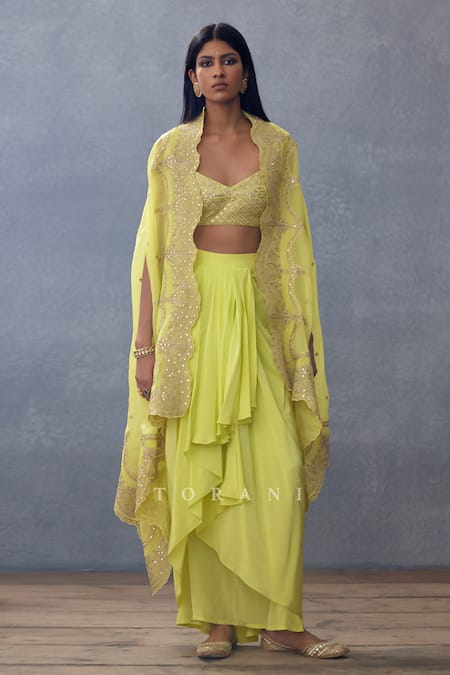 Torani Yellow Organza, Sequins, Embroidery, Gul Mina Zuri Choga Skirt Set Online at Aza Fashions Torani_Yellow Organza, Sequins, Embroidery, Gul Mina Zuri Choga Skirt Set _Online_at_Aza_Fashions