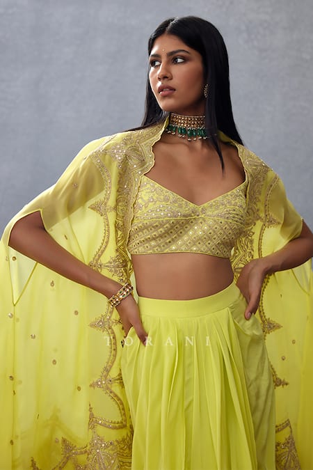 Torani Yellow Organza, Sequins, Embroidery, Gul Mina Zuri Choga Skirt Set at Aza Fashions Torani_Yellow Organza, Sequins, Embroidery, Gul Mina Zuri Choga Skirt Set _at_Aza_Fashions