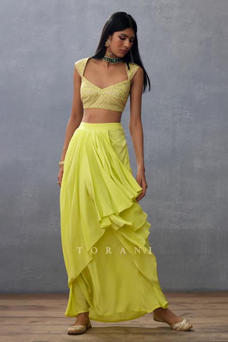 Buy Torani Yellow Organza, Sequins, Embroidery, Gul Mina Zuri Choga Skirt Set Buy_Torani_Yellow Organza, Sequins, Embroidery, Gul Mina Zuri Choga Skirt Set