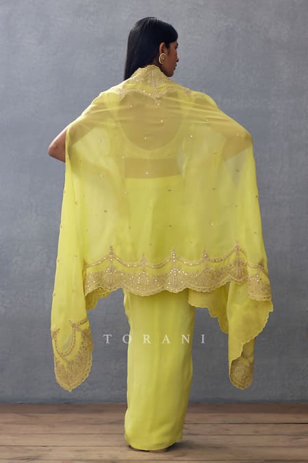 Shop Torani Yellow Organza, Sequins, Embroidery, Gul Mina Zuri Choga Skirt Set at Aza Fashions Shop_Torani_Yellow Organza, Sequins, Embroidery, Gul Mina Zuri Choga Skirt Set _at_Aza_Fashions