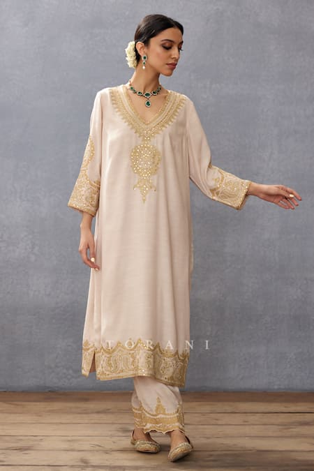 Buy Torani Ivory Silk, Cotton Sequins, Embroidery V-neck Gul Bano Qashi Kurta And Pant Set Online at Aza Fashions Buy_Torani_Ivory Silk, Cotton Sequins, Embroidery V-neck Gul Bano Qashi Kurta And Pant Set _Online_at_Aza_Fashions