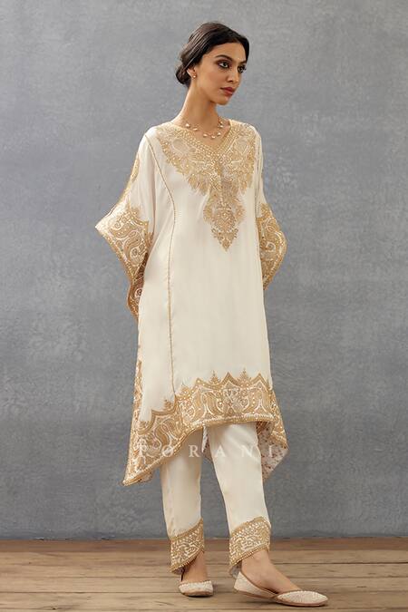 Torani_Ivory Silk, Cotton Sequins, Embroidery V-neck Gul Bano Aaira Kaftan And Pant Set _Online_at_Aza_Fashions