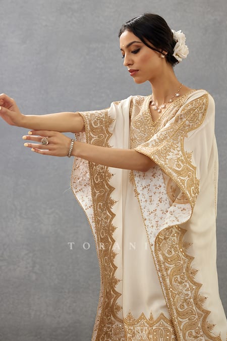 Buy_Torani_Ivory Silk, Cotton Sequins, Embroidery V-neck Gul Bano Aaira Kaftan And Pant Set _Online_at_Aza_Fashions