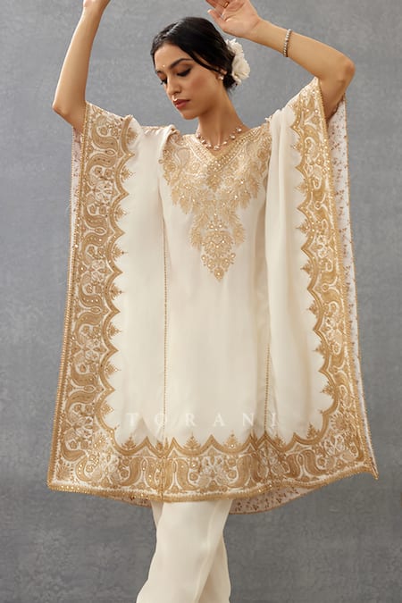 Shop_Torani_Ivory Silk, Cotton Sequins, Embroidery V-neck Gul Bano Aaira Kaftan And Pant Set _Online_at_Aza_Fashions