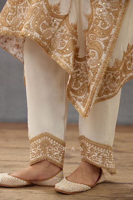 Torani_Ivory Silk, Cotton Sequins, Embroidery V-neck Gul Bano Aaira Kaftan And Pant Set _at_Aza_Fashions