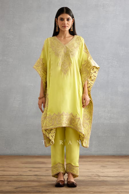 Torani_Yellow Silk, Cotton Diamonds, Embroidery Gul Mina Aaira Kaftan And Pant Set _Online_at_Aza_Fashions