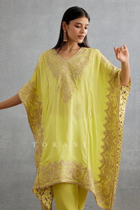 Buy_Torani_Yellow Silk, Cotton Diamonds, Embroidery Gul Mina Aaira Kaftan And Pant Set _Online_at_Aza_Fashions