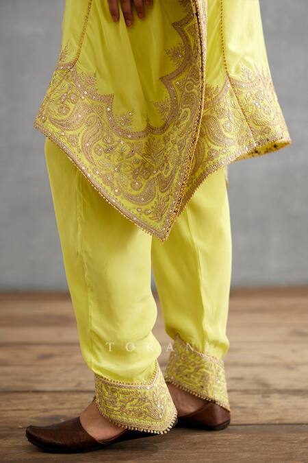 Shop_Torani_Yellow Silk, Cotton Diamonds, Embroidery Gul Mina Aaira Kaftan And Pant Set _Online_at_Aza_Fashions