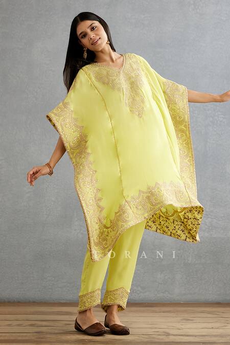 Torani_Yellow Silk, Cotton Diamonds, Embroidery Gul Mina Aaira Kaftan And Pant Set _at_Aza_Fashions