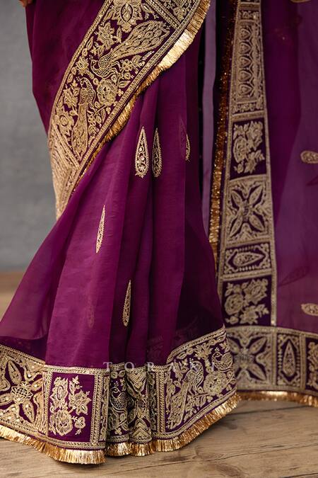 Buy_Torani_Purple Silk Organza Hand Embroidered Dori Gul Rez Amruta Saree  _Online_at_Aza_Fashions
