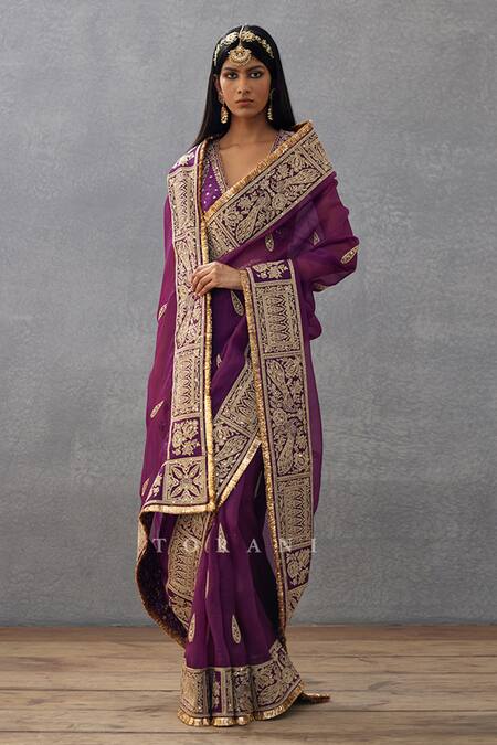 Shop_Torani_Purple Silk Organza Hand Embroidered Dori Gul Rez Amruta Saree  _Online_at_Aza_Fashions