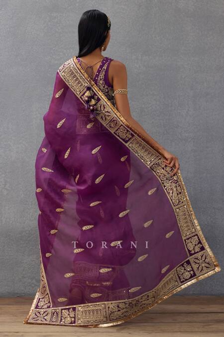 Shop_Torani_Purple Silk Organza Hand Embroidered Dori Gul Rez Amruta Saree  _at_Aza_Fashions