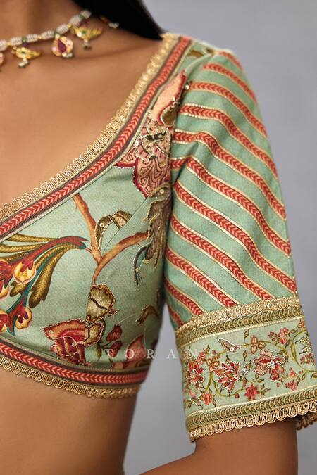 Shop Torani Green Cotton, Silk Sequins, Lace V-neck Gul Neer Mahnaz Floral Pattern Blouse Online at Aza Fashions Shop_Torani_Green Cotton, Silk Sequins, Lace V-neck Gul Neer Mahnaz Floral Pattern Blouse _Online_at_Aza_Fashions