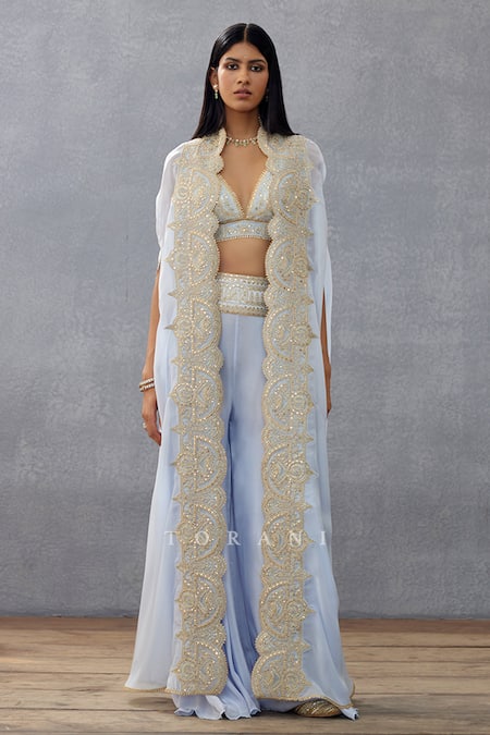Torani Blue Organza, Embroidery, Sequins, Gul Nilofer Mehreen Choga Pant Set Online at Aza Fashions Torani_Blue Organza, Embroidery, Sequins, Gul Nilofer Mehreen Choga Pant Set _Online_at_Aza_Fashions