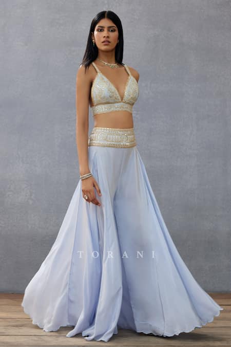 Shop Torani Blue Organza, Embroidery, Sequins, Gul Nilofer Mehreen Choga Pant Set Online at Aza Fashions Shop_Torani_Blue Organza, Embroidery, Sequins, Gul Nilofer Mehreen Choga Pant Set _Online_at_Aza_Fashions