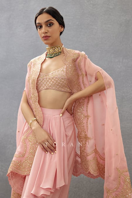 Torani_Pink Silk Sequins Sweetheart Neck Gul Mohar Zuri Embroidered Choga Skirt Set _Online_at_Aza_Fashions