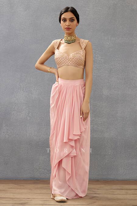Buy_Torani_Pink Silk Sequins Sweetheart Neck Gul Mohar Zuri Embroidered Choga Skirt Set _Online_at_Aza_Fashions