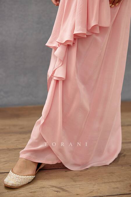 Shop_Torani_Pink Silk Sequins Sweetheart Neck Gul Mohar Zuri Embroidered Choga Skirt Set _Online_at_Aza_Fashions