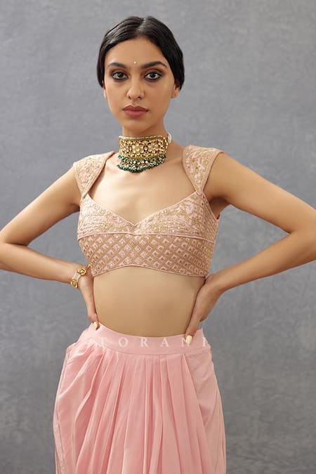 Torani_Pink Silk Sequins Sweetheart Neck Gul Mohar Zuri Embroidered Choga Skirt Set _at_Aza_Fashions