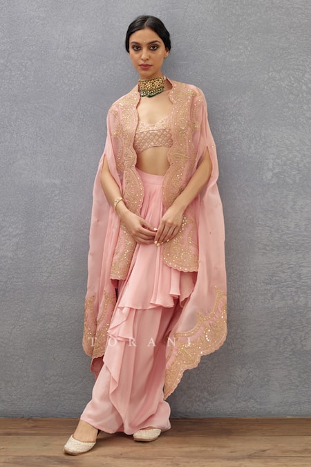 Shop_Torani_Pink Silk Sequins Sweetheart Neck Gul Mohar Zuri Embroidered Choga Skirt Set _at_Aza_Fashions