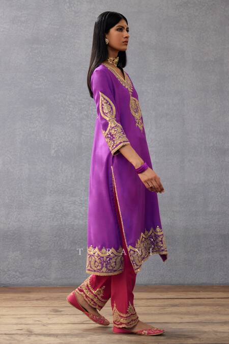 Shop Torani Purple Silk, Cotton Sequins, Lace, Embroidery Gul Rez Qashi Kurta And Pant Set Online at Aza Fashions Shop_Torani_Purple Silk, Cotton Sequins, Lace, Embroidery Gul Rez Qashi Kurta And Pant Set _Online_at_Aza_Fashions