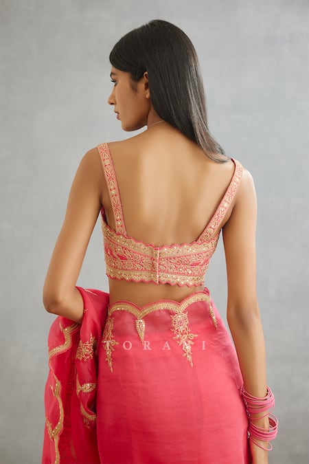 Shop_Torani_Pink Cotton, Silk Sequins Sweetheart Neck Gul Kand Zarra Dori Embroidered Blouse _at_Aza_Fashions