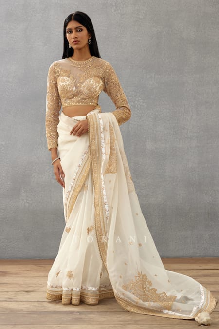 Buy_Torani_Ivory Cotton, Silk, Lycra Sequins Round Gul Bano Ojasvi Dori Embroidered Blouse _Online_at_Aza_Fashions