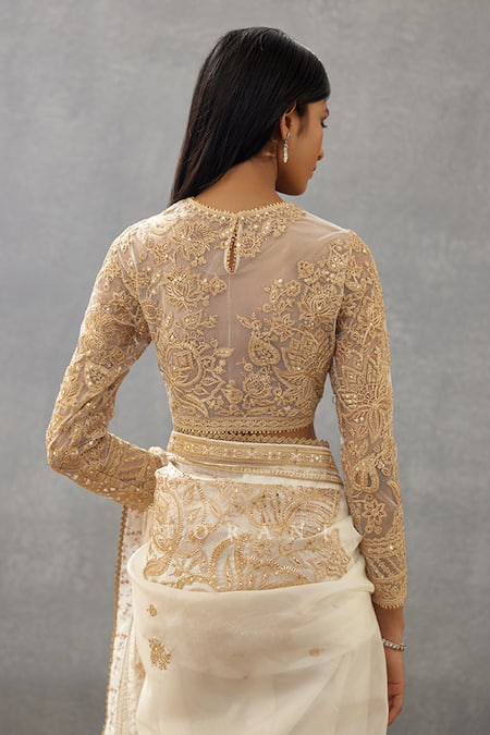 Shop_Torani_Ivory Cotton, Silk, Lycra Sequins Round Gul Bano Ojasvi Dori Embroidered Blouse _at_Aza_Fashions
