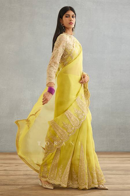 Shop Torani Yellow Cotton Satin Sequins Round Neck Gul Mina Ojasvi Embroidered Blouse Online at Aza Fashions Shop_Torani_Yellow Cotton Satin Sequins Round Neck Gul Mina Ojasvi Embroidered Blouse _Online_at_Aza_Fashions